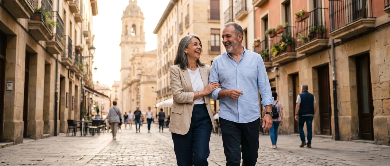 Una pareja pasea sonriendo por el casco antiguo de Logroño