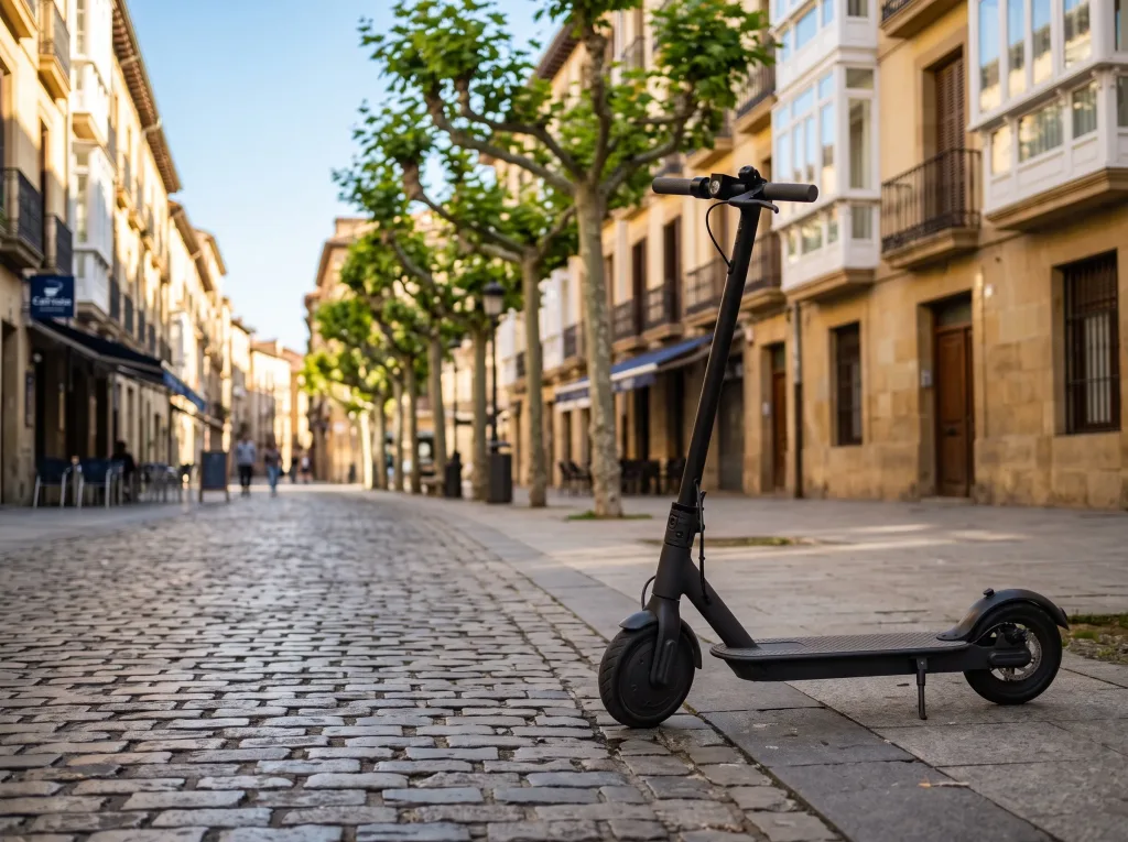 Patinete eléctrico aparcado en una calle empedrada de Logroño